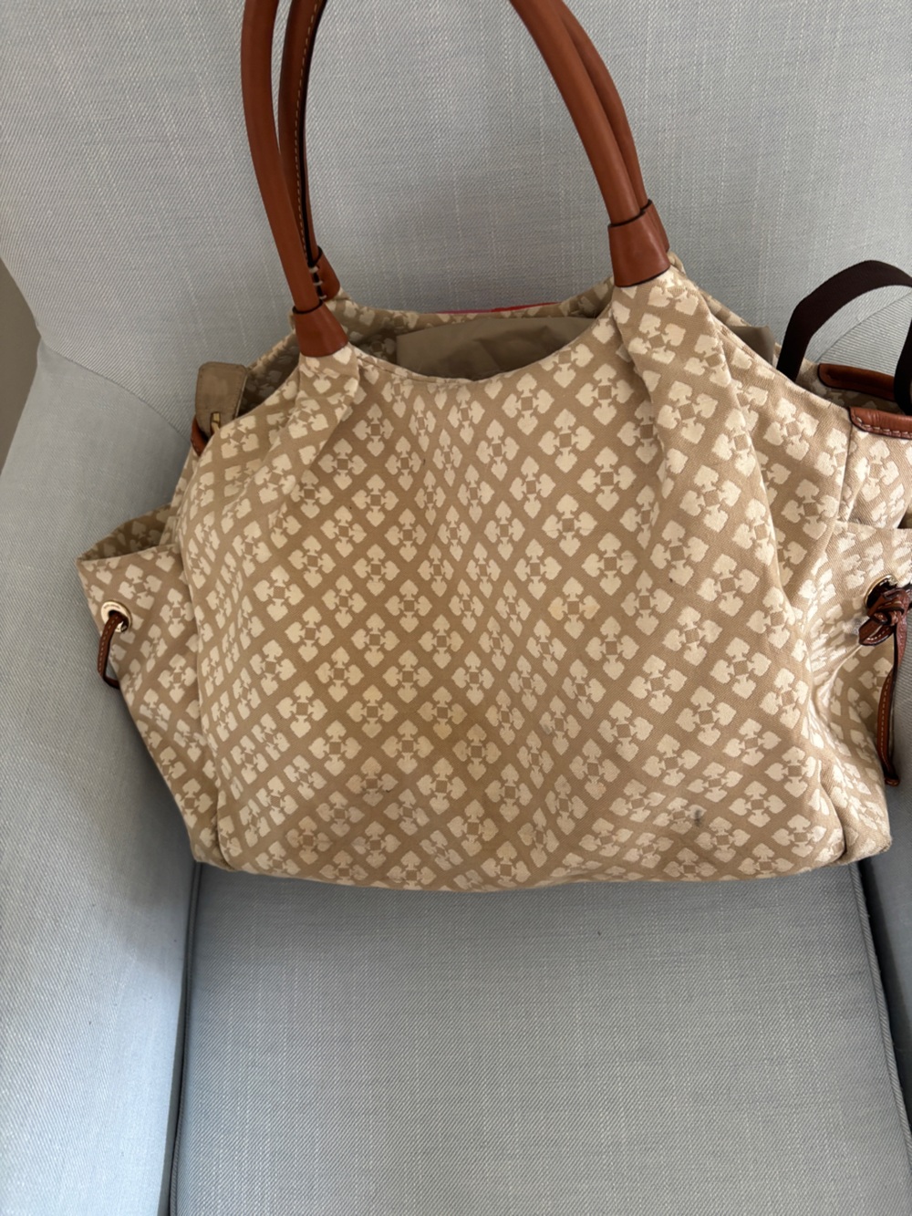 kate spade Beige Monogram Travel Tote with Red and Pink Center Stripe - Picture 8 of 10